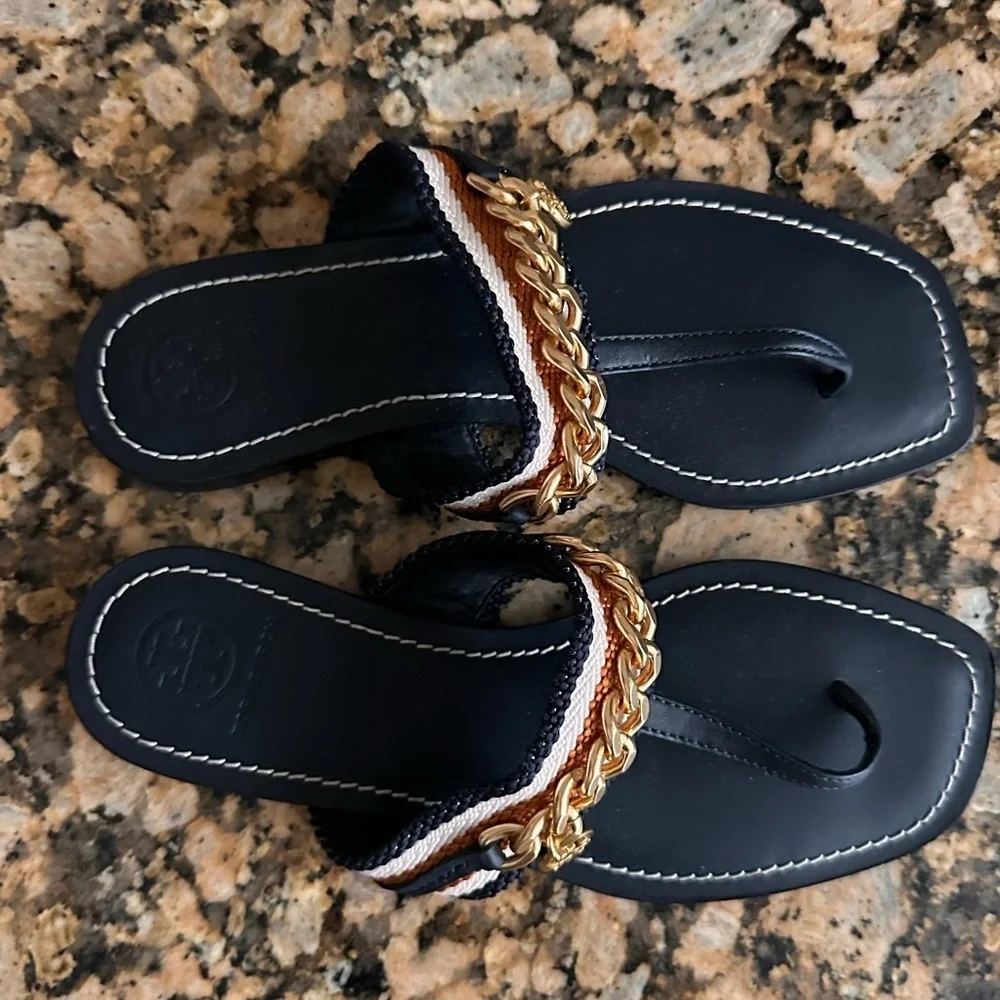 Tory Burch Mini Benton Gold Chain Band Sandal Navy Yonder